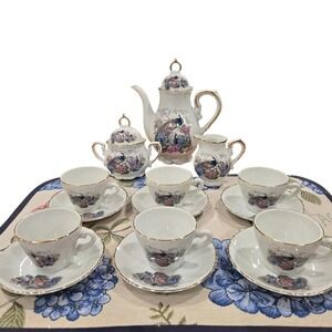 Heisei Japan Peacock Floral Porcelain Tea Set 15pc Gold Trim Teapot Cups Saucers